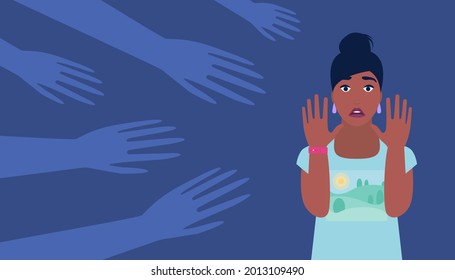 Panic attack, phobia, fear, fright concept. Hands from the dark reach out to the frightened character. Vector illustration in a flat style