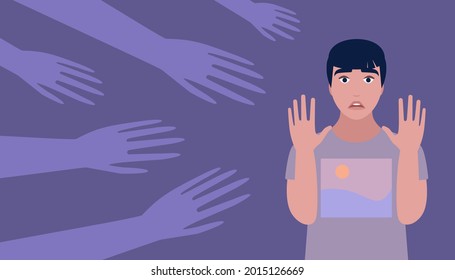 Panic attack, phobia, fear, fright concept. Hands from the dark reach out to the frightened character. Vector illustration in a flat style