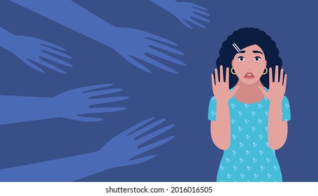 Panic attack, phobia, fear, fright concept. Hands from the dark reach out to the frightened character. Vector illustration in a flat style