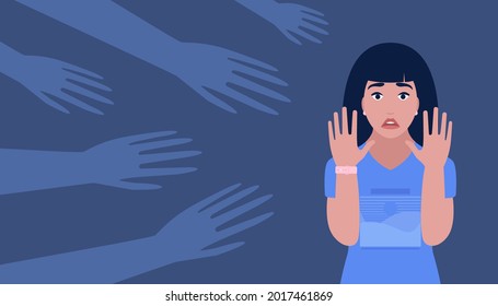 Panic attack, phobia, fear, fright concept. Hands from the dark reach out to the frightened character. Vector illustration in a flat style