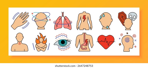 Ícone de definição de sintomas físicos de ataque de pânico. Mostra mãos tremendo, tontura, respiração cansativa, choques corporais, sudorese, batimento cardíaco rápido, dor torácica, dor de estômago, medo de morte, pensamento desorientado.