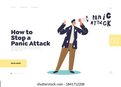 Panic attack remedy landing page concept with anxious man suffering from mental disorder, screaming in megaphone about his emotional health problems. Vector illustration