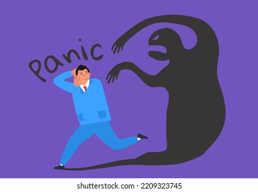 panic attack scared man run away from his shadow monster mental health vector illustration