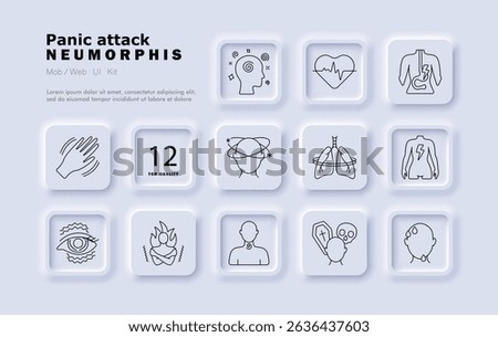 Panic attack set icon. Dizziness, trembling, chest tension, fear, heart race, eyestrain, overwhelmed state, spinning head, hyperventilation, anxiety, shock, alertness.
