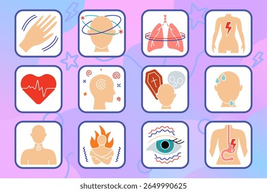 Panic attack set icon. Hand tremor, dizziness, lung spasm, body pain, heartbeat, mental chaos, death fear, sweating, throat tension, body burn, eye twitching, gut ache.