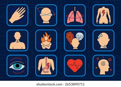 Ícone do conjunto de ataques de pânico. Tremor da mão, cabeça giratória, stress pulmonar, dor corporal, espiral da garganta, calor corporal, medo de morte, sudorese facial, contração ocular, torção gástrica, sobrecarga cardíaca, espiral mental.
