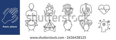 Panic attack set icon. Shaking hand, throat tension, burning sensation, twitching eye, stomach spasm, heart rate, dizziness, lungs, sweat head, death thoughts, spinning mind, acute anxiety.