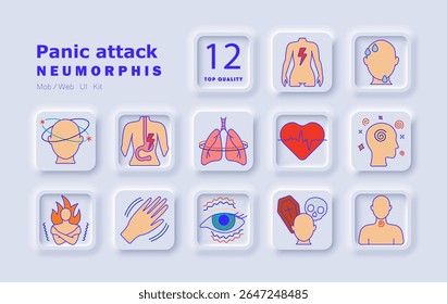 Ícone do conjunto de ataques de pânico. Falta de ar, tonturas, medo, náuseas, desconforto gástrico, problemas intestinais, pressão torácica, coração acelerado, visão turva, tremor, exaustão, hipersensibilidade.