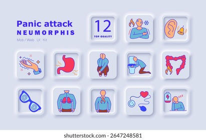 Ícone do conjunto de ataques de pânico. Falta de ar, tonturas, medo, náuseas, desconforto gástrico, problemas intestinais, pressão torácica, coração acelerado, visão turva, tremor, exaustão, hipersensibilidade.
