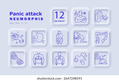Ícone do conjunto de ataques de pânico. Falta de ar, tonturas, medo, náuseas, desconforto gástrico, problemas intestinais, pressão torácica, coração acelerado, visão turva, tremor, exaustão, hipersensibilidade.