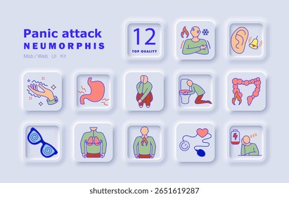 Ícone do conjunto de ataques de pânico. Falta de ar, tonturas, medo, náuseas, desconforto gástrico, problemas intestinais, pressão torácica, coração acelerado, visão turva, tremor, exaustão, hipersensibilidade.