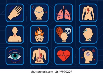 Panic attack set icon. Trembling hand, dizziness, chest pressure, lung cramp, body pain, neck twist, heat wave, death fear, cold sweat, visual disorder, stomach burn, fast heartbeat, confusion.