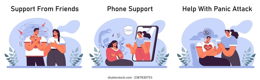 Panic attack set. Mental health disorder. Phobia, frustration and constant stress. Psychotherapy and emotional support idea. Flat vector illustration