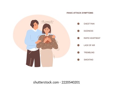 Panic attack Symptoms, Panic disorder concept. Woman got panic attack, mental support. Cartoon flat vector illustration. 