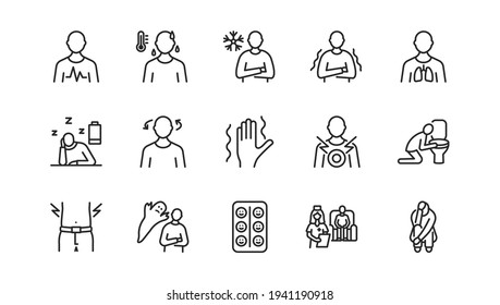 Panic Attack Symptoms Flat Line Icon Set. Vector Illustration Psychological Illness Characterized By Dizziness, Vomiting, Heart Palpitations, Fear Of Death. Editable Strokes