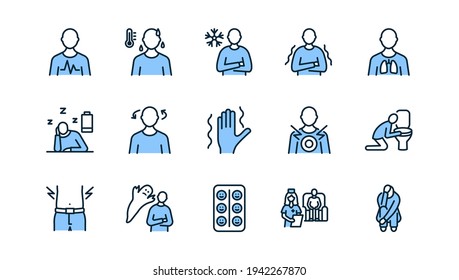 Panic Attack Symptoms Flat Line Icon Set Blue Color. Vector Illustration Psychological Illness Characterized By Dizziness, Vomiting, Heart Palpitations, Fear Of Death. Editable Strokes