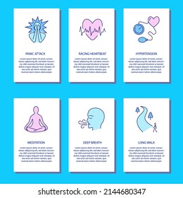Panic attack symptoms and prevention flyer set. Panic disorder and calming activities. Vector illustration.