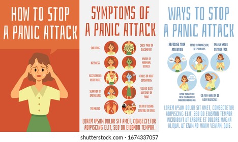 Panic Attack Symptoms And Ways To Stop - Medical Poster Set With Cartoon Woman Showing Signs Of Fear And Anxiety Attach And Problem Solutions. Flat Vector Illustration.