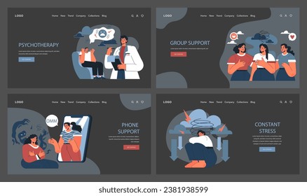 Panic attack web banner or landing page dark or night mode set. Mental health disorder. Phobia, frustration and constant stress. Psychotherapy and emotional support idea. Flat vector illustration