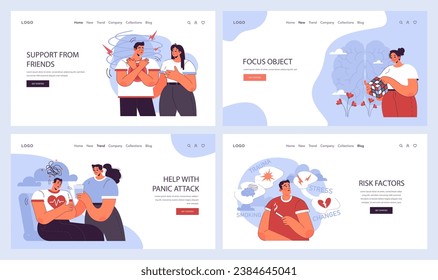 Panic attack web banner or landing page set. Mental health disorder. Phobia, frustration and constant stress. Psychotherapy and emotional support idea. Flat vector illustration