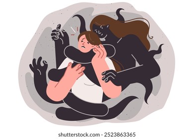 Panic attack in woman, become victim of mental disorder in form of monster using strangulation. Problem of panic attacks and nightmares causing fear and trembling in victim with unstable psyche