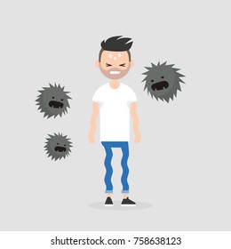 Panic attack. Young scared character surrounded by angry flying monsters. Psychological problems. Stress. Phobia, conceptual illustration. Flat vector, clip art