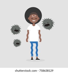 Panic attack. Young scared girl surrounded by angry flying monsters. Psychological problems. Stress. Phobia, conceptual illustration. Flat vector, clip art