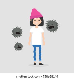 Panic attack. Young scared girl surrounded by angry flying monsters. Psychological problems. Stress. Phobia, conceptual illustration. Flat vector, clip art