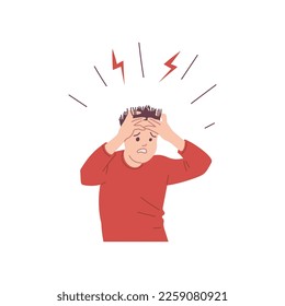 Panic boy grabs head with hands flat style, vector illustration isolated on white background. Nervous male character, negative emotions, lightning bolts over head