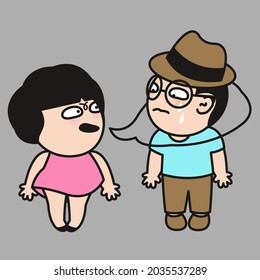 Panic Boy With Speech is Talking Bubble From His Grumpy Girlfriend Around His Body. Fighting Couple Concept Card Character illustration
