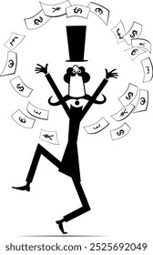 Panic in business. Mustache man in the top hat surrounded by falling paper money.
Upset long mustache gentleman in the top hat with hands up. Falling paper currency.  Black and white illustration
