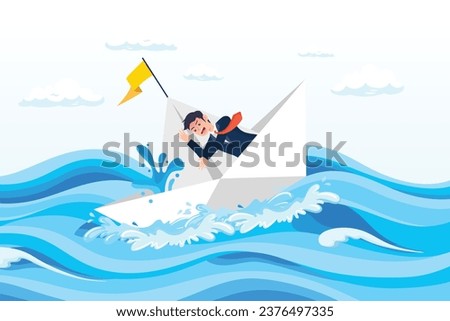 Panic businessman frustrated fix leaking water in sinking boat or ship, panic or fear in business crisis situation, frustrated or helpless bankruptcy, trouble and problem or time running out (Vector)