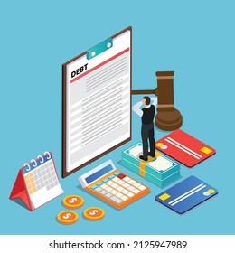 Panic businessman has to pay debt isometric 3d flat vector illustration concept for banner, website, landing page, ads, flyer template, etc
