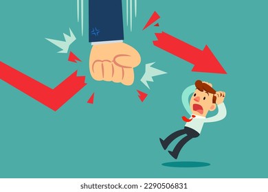 Panic businessman looking at big fist from above smash down and break the arrow chart. Destroy the market. Business and finance concept.