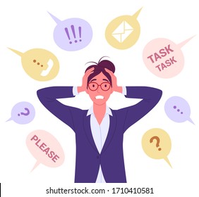 Panic businesswoman concept. Vector illustration of pretty cartoon brunette woman in stress, surrounded by bubbles with stylized requests and tasks. Isolated on white