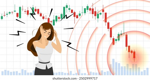 Empresaria de pánico en caída de gráfico de índice bursátil y Anuncio de crisis financiera de inversionista. Estrés de la mujer en el mercado de intercambio de datos decrecientes caída de gráfico. Concepto de quiebra y fracaso empresarial