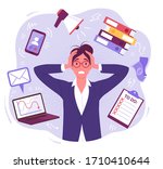 Panic businesswoman. Vector illustration of pretty cartoon brunette woman in stress, surrounded by work and stress factors icons. Isolated on background