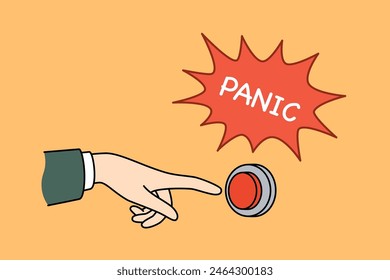 Panic button near person hand, for concept of importance of motivation and taking antidepressants. Metaphor for onset of panic attack caused by lack of help from professional psychotherapist.