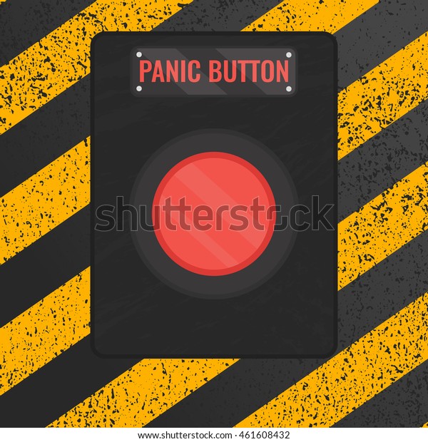 Panic button sign. Vector illustration of a red\
emergency stop lever on rusty yellow and black striped panel.\
Touch, push or press symbol.\
