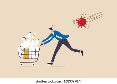 Panic buy in COVID-19 Coronavirus outbreak crisis, people hoarding on curfew and lockdown concept, panic man running in fear with full of goods, medicine, tissues in shopping cart with virus pathogen.