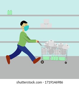 Panic buy in COVID-19 Coronavirus outbreak crisis, people hoarding on curfew and lockdown concept, panic man running in fear with full of goods, medicine, tissues in shopping cart with virus pathogen