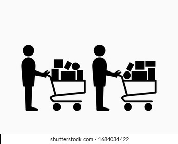 Panic Buying Icon With People And Full Shopping Carts. Vector Image.