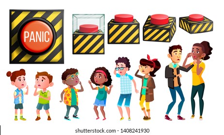 Panic Characters People And Red Button Set Vector. Different Size And View Alarm Danger Knob, Multiethnic Scared, Panic And Stressed Children And Adult Person Group. Design Flat Cartoon Illustration