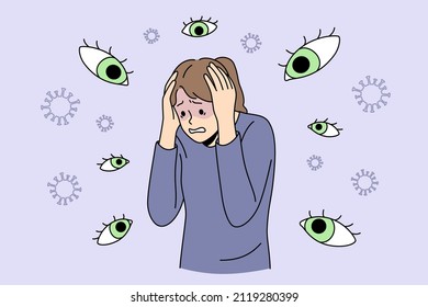 Panic of chase and Inner fears concept. Young stressed woman standing feeling invisible eyes around her feeling panic and nervous problems vector illustration 