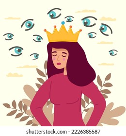 Panic of chase and Inner fears concept. flat Young stressed woman standing feeling invisible eyes around her feeling panic and nervous problems vector illustration,