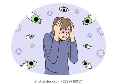 Panic of chase and Inner fears concept. Young stressed woman standing feeling invisible eyes around her feeling panic and nervous problems vector illustration