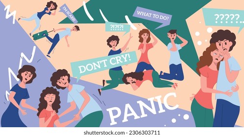 Panic collage flat composition with doodle human characters of disturbed people and thought bubbles with text vector illustration