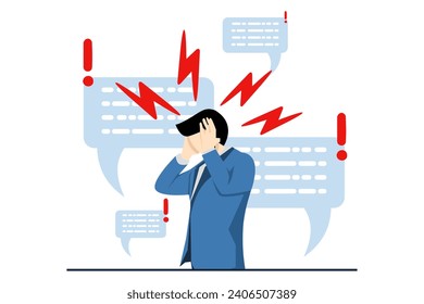 Panic concept, Businessman character covers ears with hands to stop noise with speech bubble. Fake news, boosting, advertising noise, disinformation. flat vector illustration on white background.