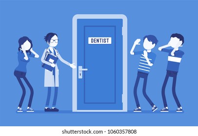 Panic at dentist door. Group of young people in fear of dentistry and of receiving dental care, visit to doctor is terrifying. Medicine and healthcare concept. Vector illustration, faceless characters