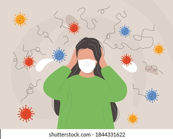 Panic depressed young woman wearing protective mask sitting alone with virus pathogens.